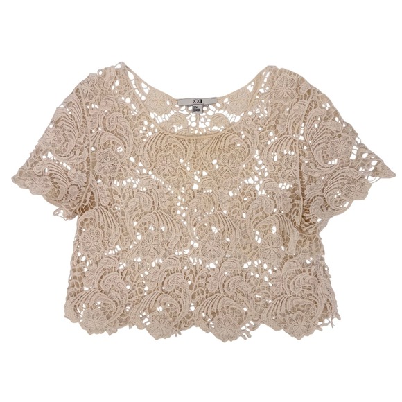 Forever 21 Tops - Vintage Forever 21 90s Lace Crop Top Women Medium Beige Boho Scalloped Hem